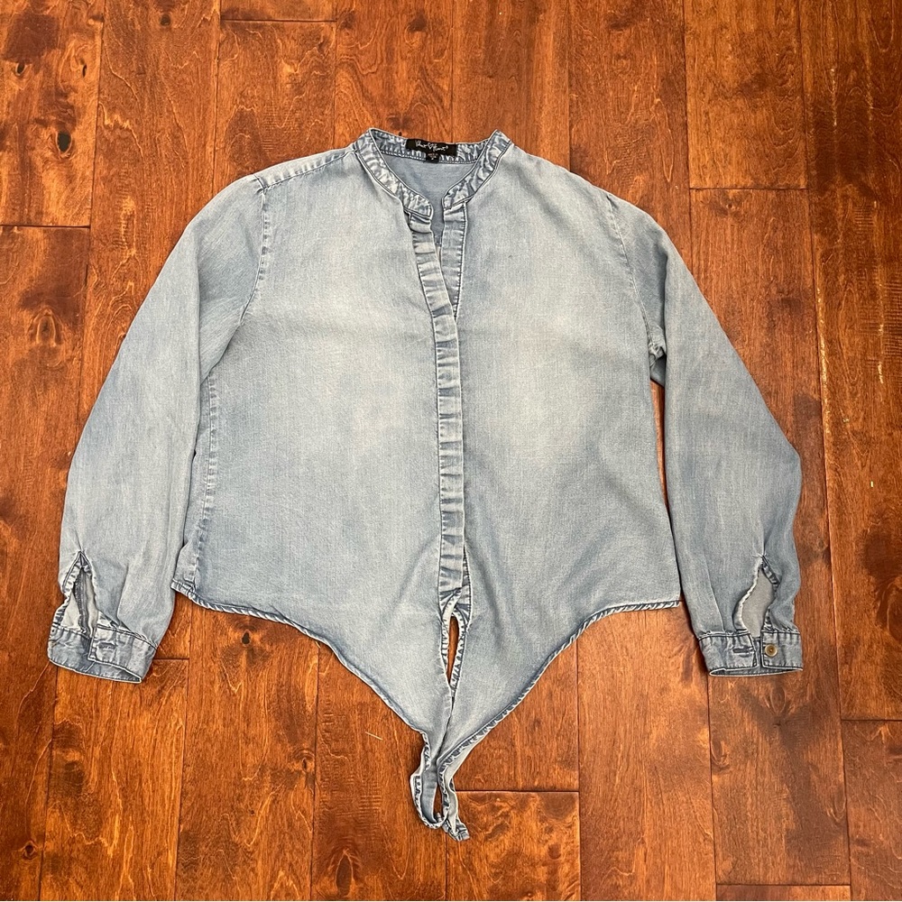 Velvet Heart Blue Chambray V Neck TENCEL Long Sleeve Tie Waist Blouse Top